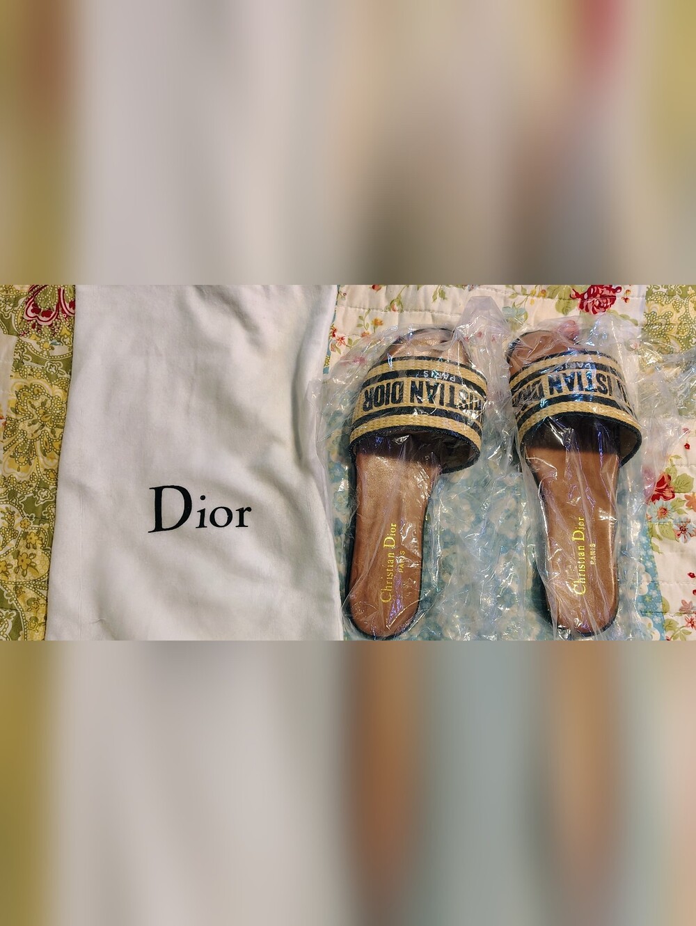 Christian Dior Beige & Black Embroidered Slide Sandals